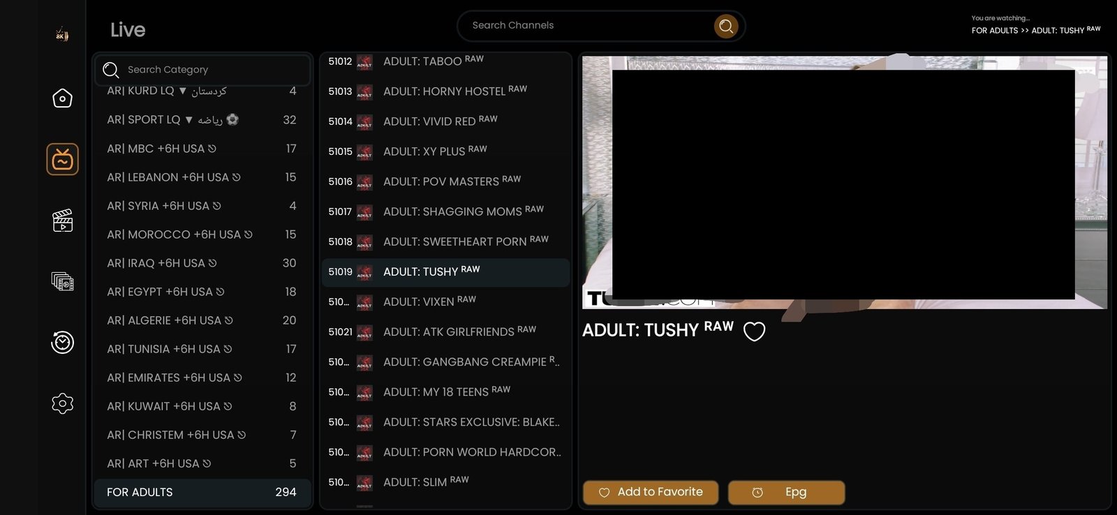 IPTV adult content interface categories search HD streaming